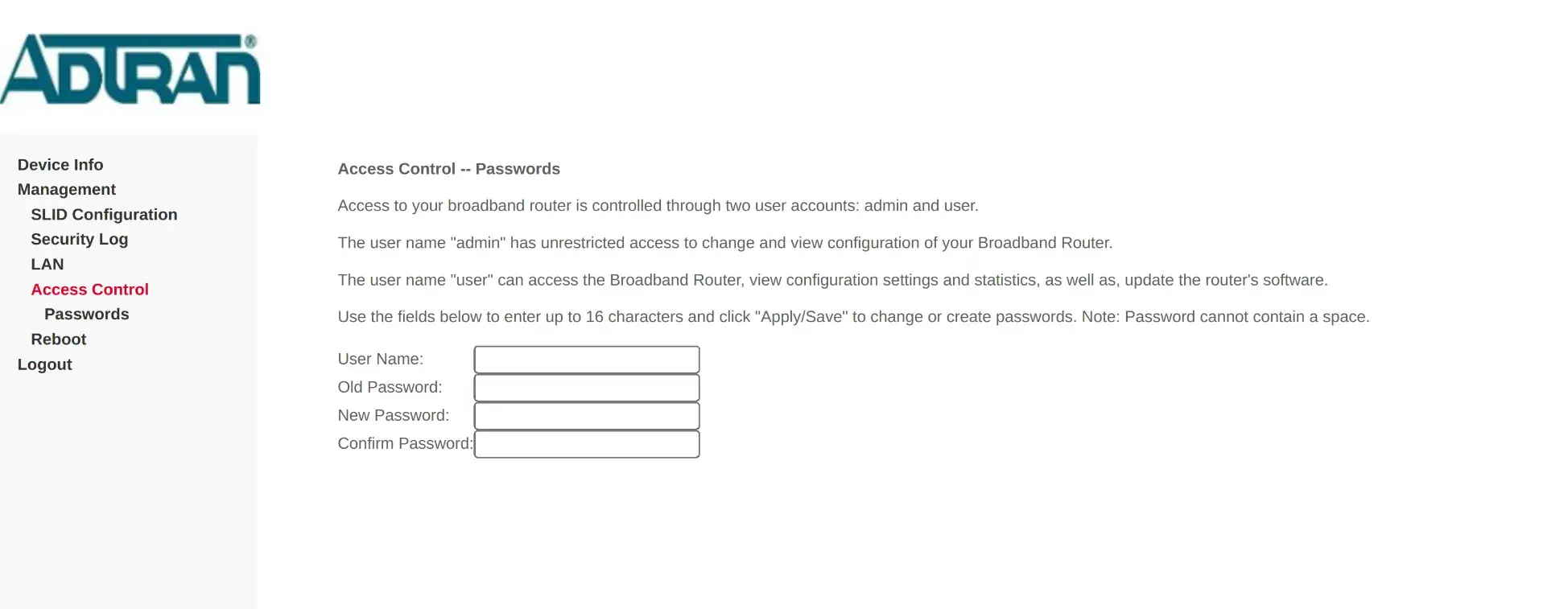 Adtran Password Change Interface