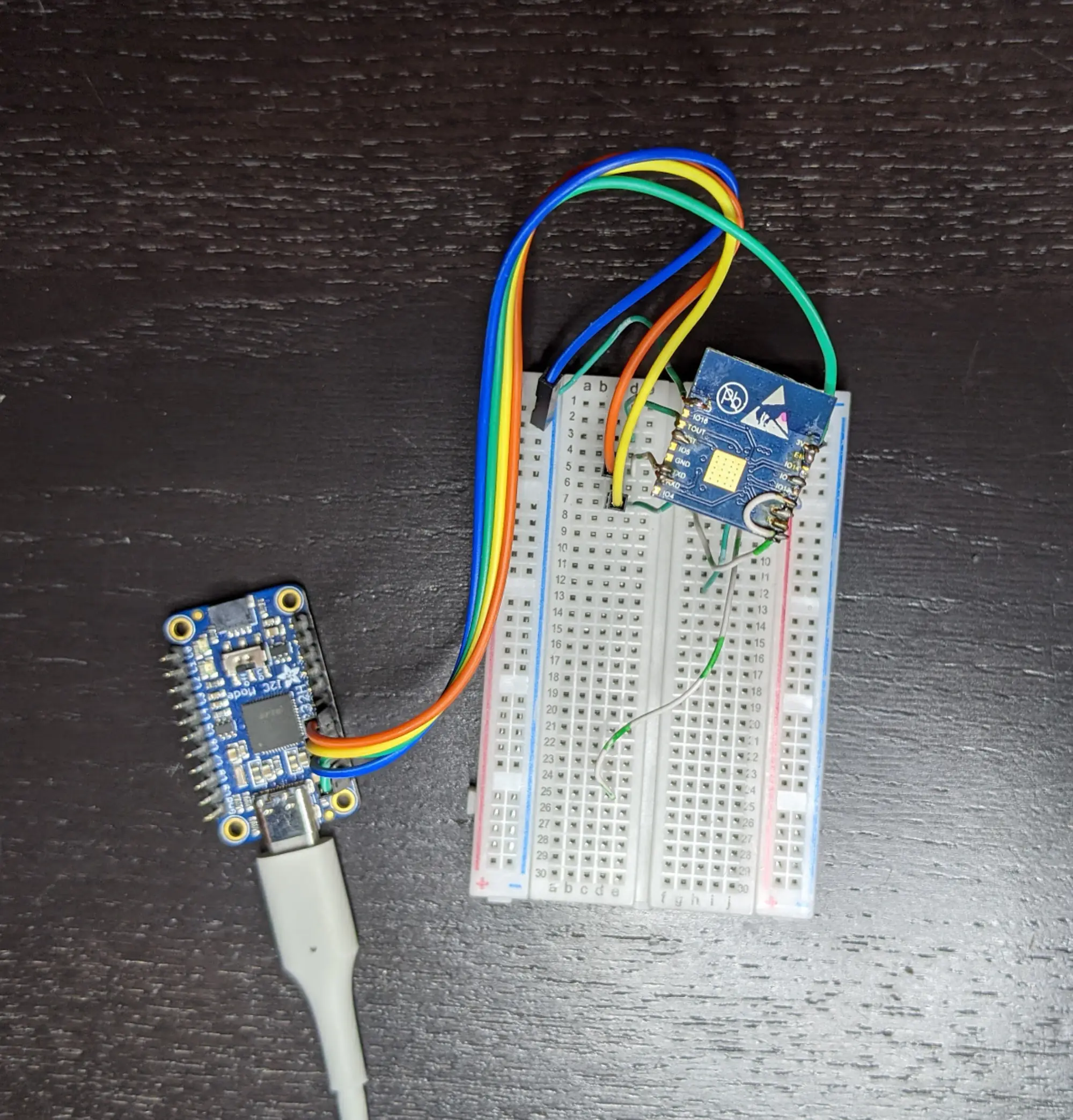ESP-WROOM-02 breadboard setup with FT232H UART adapter