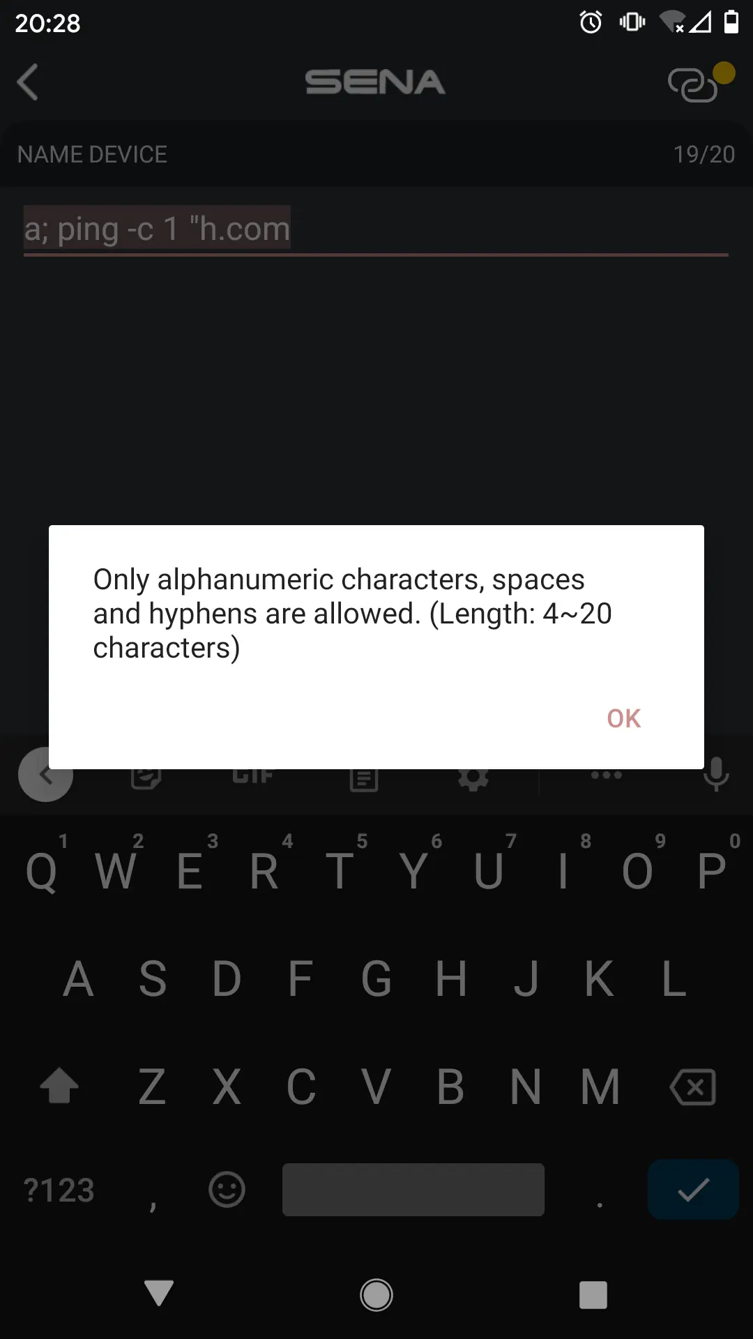 Sena Android App command injection