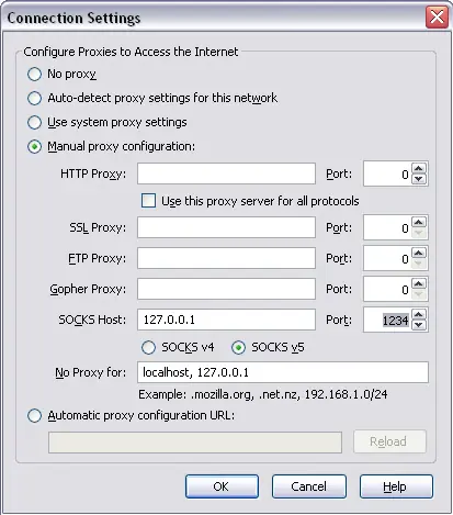 Firefox configuration for socks proxy.