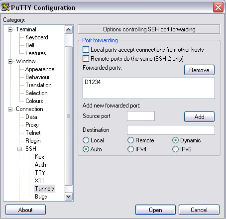 Putty configured for socks proxy