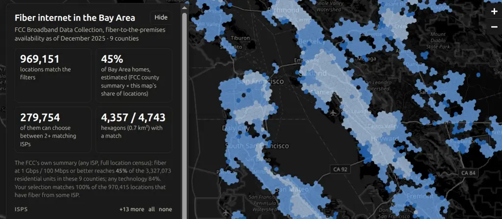 Bay Area Fiber Map showing fiber availability hexagons across the Bay Area
