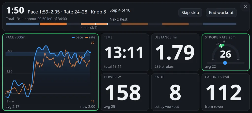 Rowlink full-screen workout view on a phone in landscape